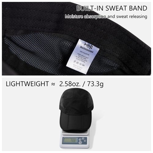 BASSDASH Folding Fishing Baseball Cap UPF 50+ Water Resistant Outdoor Portable Brim Hats for Women Men Hiking Adjustable Black