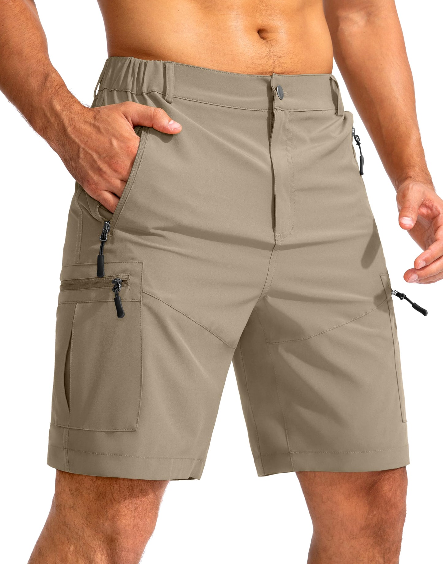 Pudolla Men's Hiking Cargo Shorts 9" Lightweight Outdoor Work Shorts for Men Travel Golf Camping Casual with 5 Zipper Pockets(Dusty Khaki X-Large)