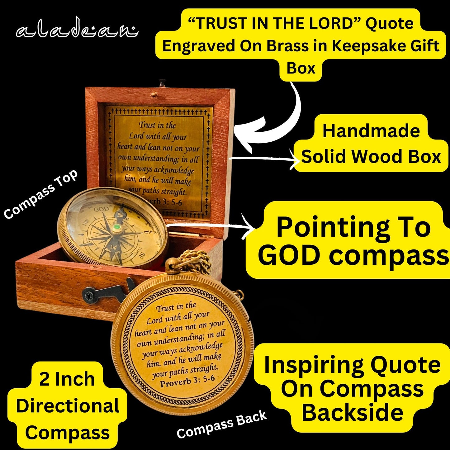 Trust in The Lord with All Your Heart -Proverbs 3: 5-6 Quote Engraved Compass Greeting Wood Box, Inspirational Gift, Baptism 2024 Graduation Day, (1 Trust in The Lord Compass)