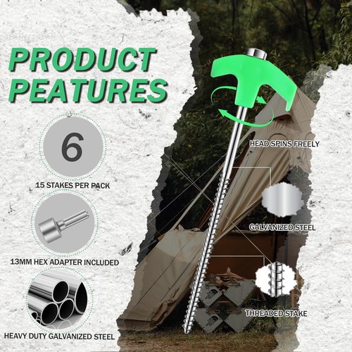 LOZAGU 6-Pack Screw in Tent Stakes Heavy Duty, 8”Drill in Style Ground Anchor Pegs with Hex Nut Driver. (6-Pack Tent Stakes)