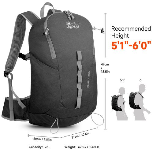 WIPHA 26L Lightweight Hiking Daypack with High Strength Aluminum Support, Small Travel Hiking Backpack for Women Men (Black)