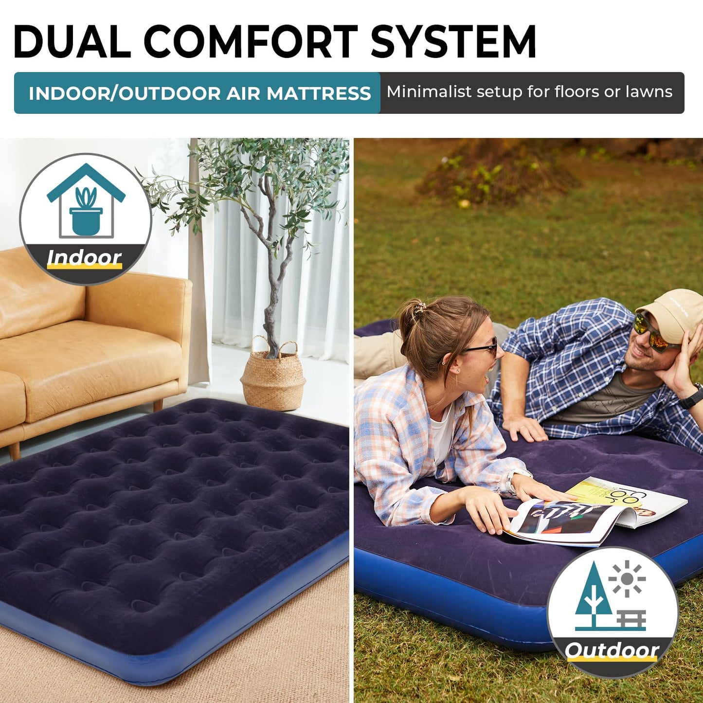 FUNDANGO 2 Person Cot Queen Size, Folding Airbed Mattress, Double Camp Bed with 2 Cup Holders, Removeable Cover for Adults Outdoor Travel,Carry Bag Included (Grey)