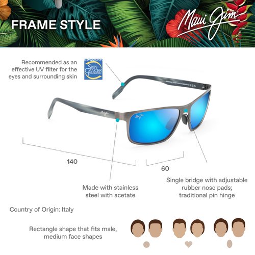 Maui Jim Men's Anemone Polarized Rectangular Sunglasses, Brushed Dark Gunmetal/Blue Hawaii, Medium