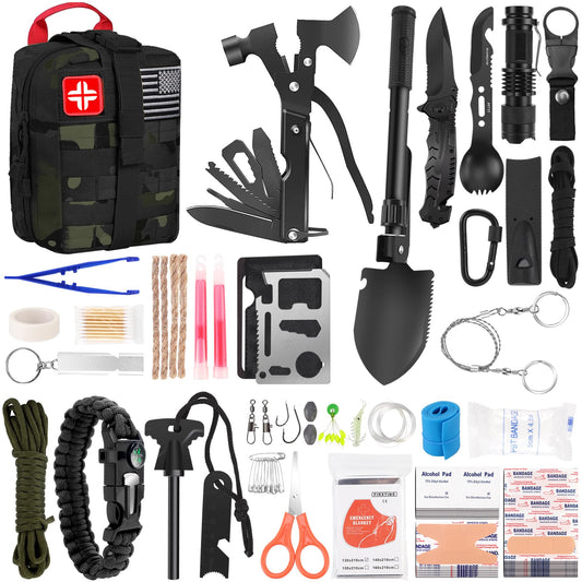 146Pcs Survival First Aid Kit, Car Emergency Trauma Kit with Military Grade Survival Tools, Medical Supplies & Fishing Gear, for Camping, Travel, Earthquake, Gifts for Men & Women Outdoor Adventures