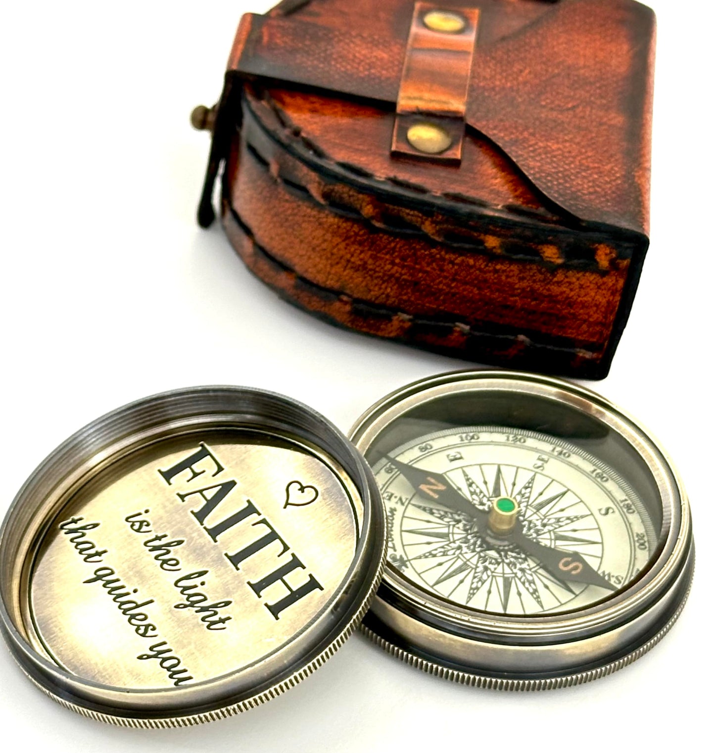 Faith Compass – Inspirational Gift for Men & Boys | Christian Baptism, Communion, Confirmation, or Graduation Present | “Faith is The Light That Guides You” Engraved | Leather Case