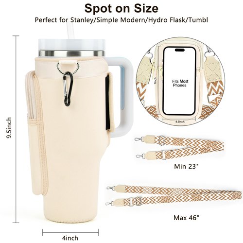 LOKASS Water Bottle Holder with Strap for Stanley Cup 30 oz Tumbler with Handle, Personalized Initial Gift, Water Bottle Carrier Bag with Phone Pocket & Carabiner for Stanley Cup Accessories