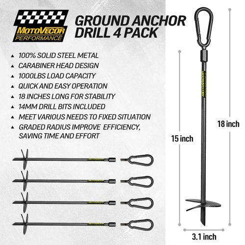 18” Heavy Duty Ground Anchors(1000lbs),Screw in Swing Set Anchors Forged from Tungsten Steel, Detachable Carabiner Design, High Wind Trampoline Stakes for Tents, Trees, Canopies, Gazebos-4 PCS