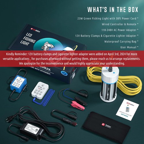 Tendelux Underwater Fishing Light with Controller (Dimmer & Timer), 110V & 12V Super Bright Green LED Submersible Light Attractants for Docks, Boats or Kayaks, IP68 Rated for Fresh & Salt Water