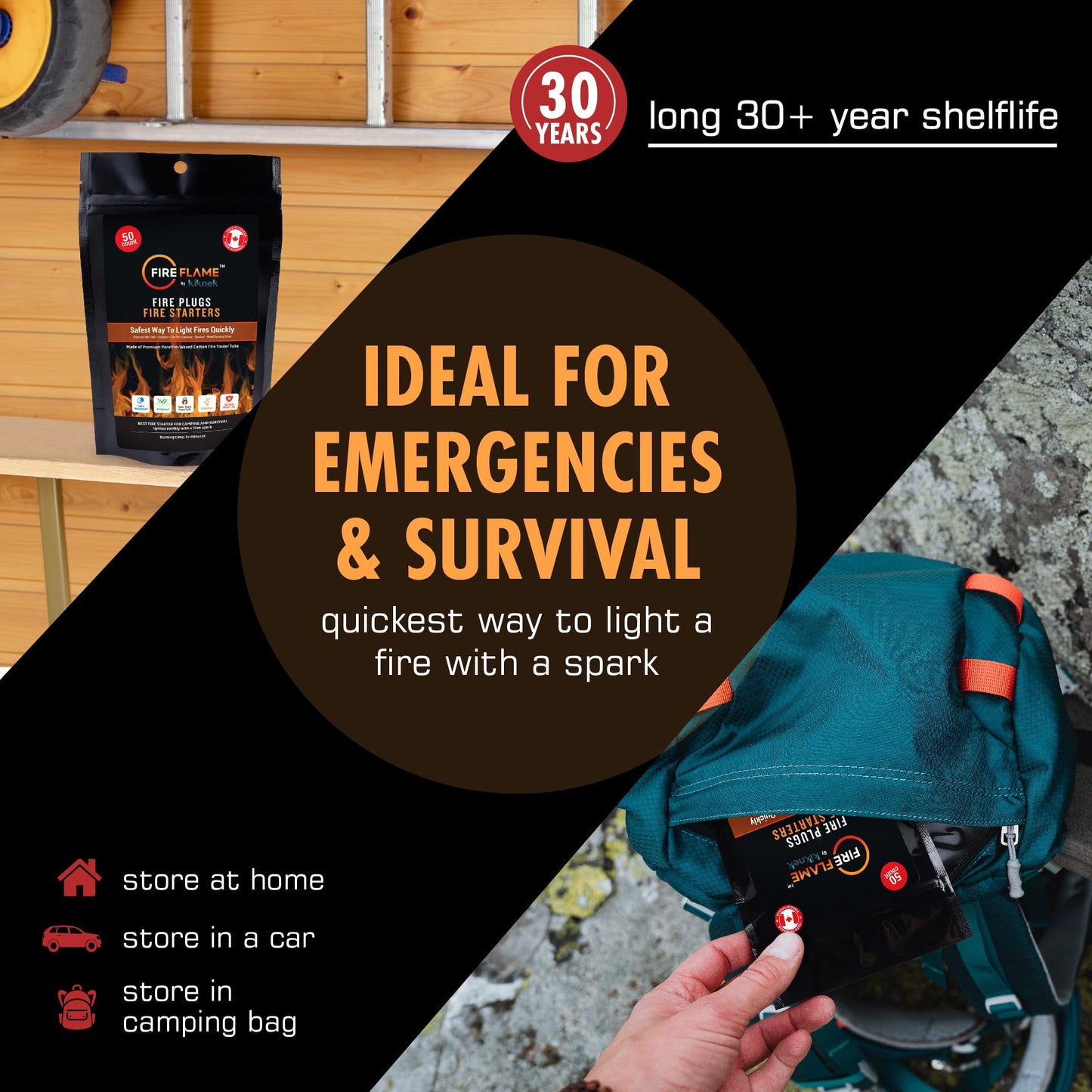 Fireflame Fire Plugs Fire Starter - Quick Instant 100% Waterproof All-Purpose Indoor & Outdoor Firestarter Tinder Tabs, for Emergency Survival, Charcoal Grill - Odorless & Non-Toxic - Total 100 Plugs