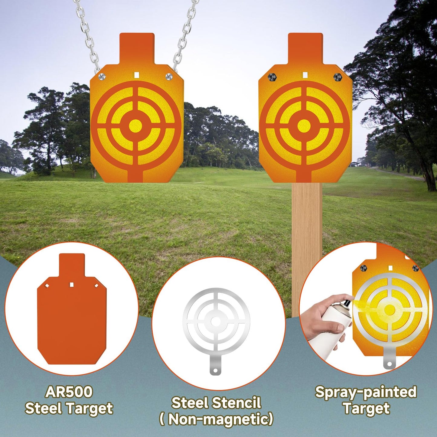 Eydutoi AR500 Steel Target for Shooting with Target Hanger and Painting Stencil, 1/2" Thick 7" W x 12" L Neon Orange Color Gong Silhouette Metal Target