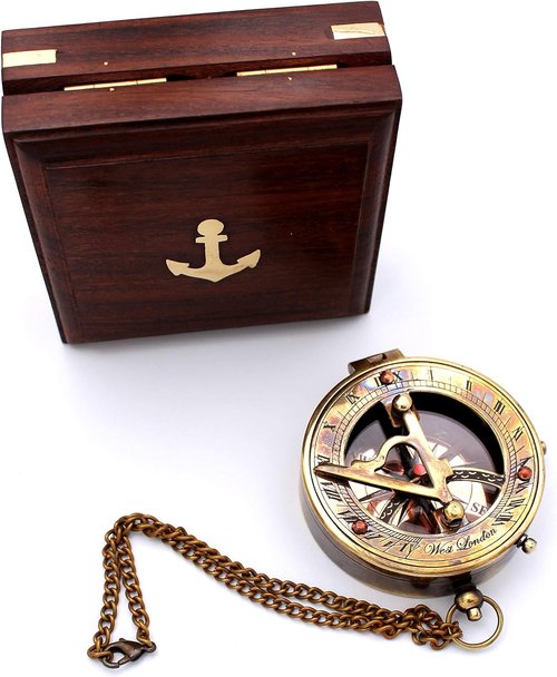 Captain's Brass Sundial Compass – Vintage Marine Nautical Compass, Functional Navigation Tool for Camping, Hiking, Outdoor Adventures, Collectible Gift for Men