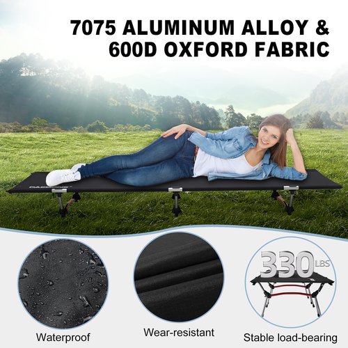 PACOONE 2-in-1 Ultralight Folding Camping Cot with Leg Extenders, Military Camping Cots Bed, Heavy Duty Folding Sleeping Camping Cot for Backpacking Hiking Travel Tent, Support 330 Lbs(Black)