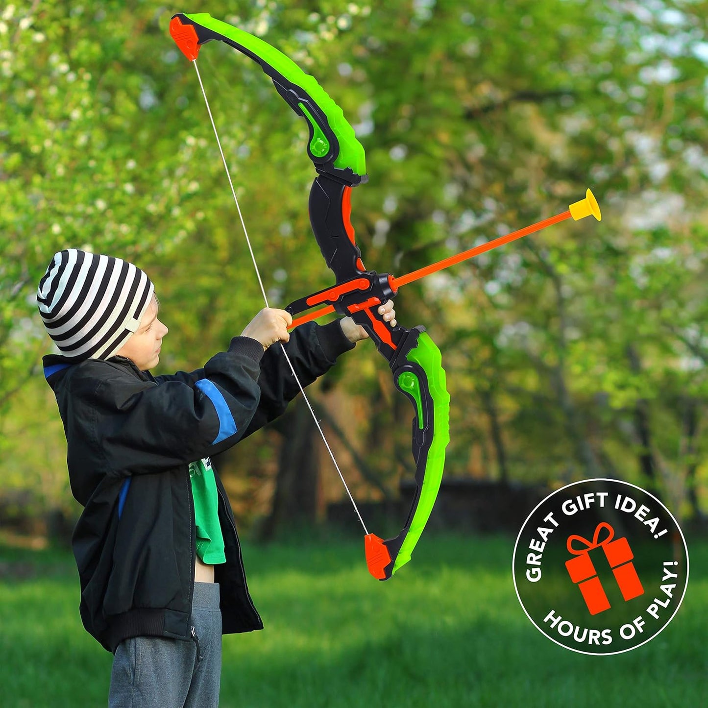 ToyVelt Kids Bow and Arrow Set - Light-Up Archery Set with 6 Suction Arrows, Target and Quiver - Outdoor and Indoor Toy for Boys and Girls Ages 4-12 (Green)