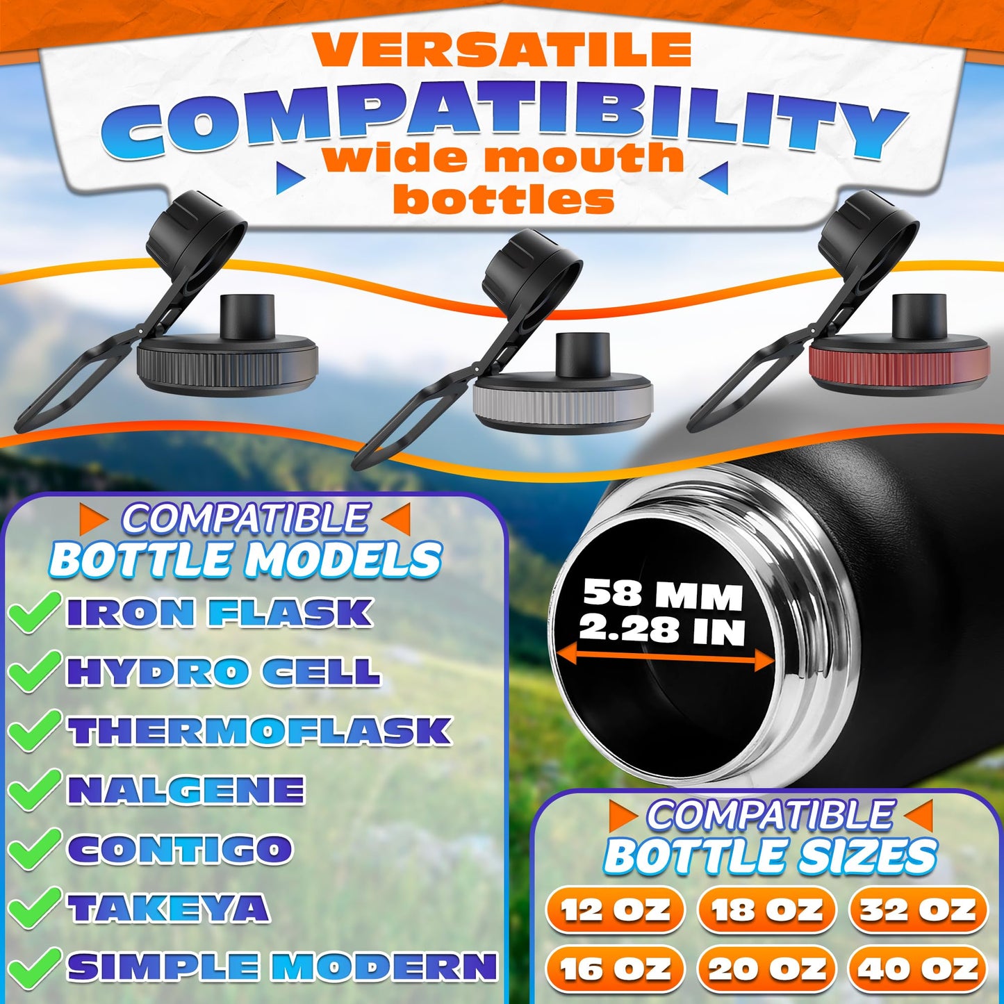 3 Pcs Thermoflask Lid Replacement – Hydro Flask Lid Replacement for Wide Mouth 12 oz, 14 oz, 18 oz, 32 oz, 40 oz, 64 oz – Leak-Proof, Comfortable Grip, Easy Use, and Durable Food-Grade Plastic