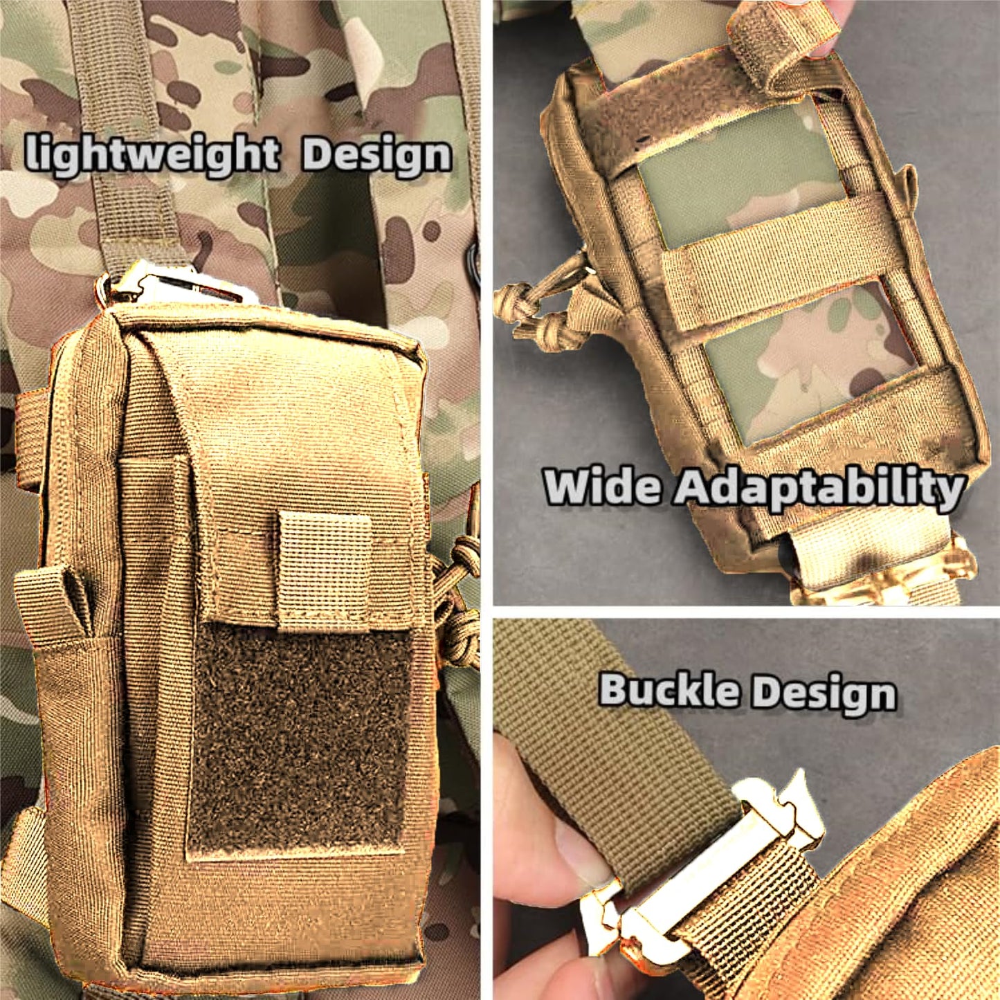 PreciousU Tactical Molle Accessory Pouch,Backpack Shoulder Strap Bag with Double-Zipper Pocket, Top Pocket and Shoulder Strap Attachment - Perfect for Outdoor Activities and Tactical Gear (Khaki)