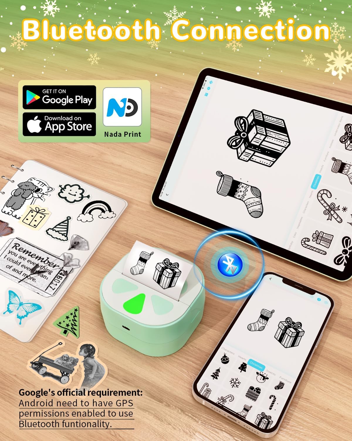 Sticker Printer, Print Pods Mini Printer, Bluetooth Thermal Sticker Maker Machine with 3 Rolls Paper, Print Pod Mini Printers for iPhone, Impresora Portátil for Study Note, Journal, DIY, Kids Gift
