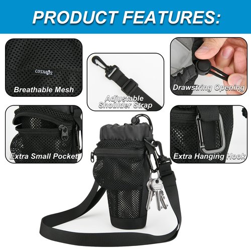Cosmos Water Tumbler Carrier Bag Water Bottle Sling Bag Pouch Holder for Travel Hiking Walking Gym - Fits 20-30 Oz Insulated Round Water Tumbler - with Ventilated Mesh Pocket & Adjustable Sling Strap