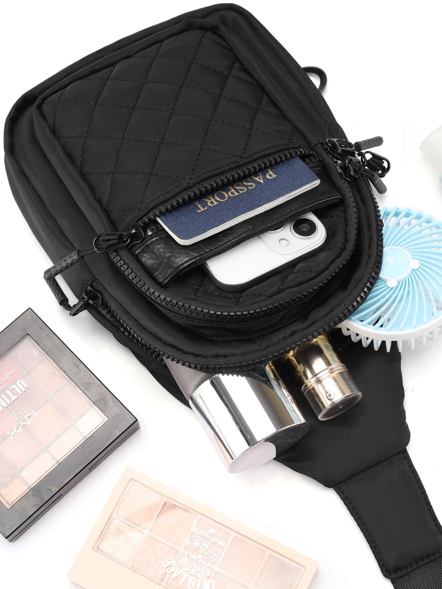 FORZAROCKET Sling Bag Double Compartment w/Long Strap 66" - Crossbody Bag w/Extended Strap - Women Men Fanny Pack - Two-Way Durable Zipper - Compact Sling Backpack - Plus Size Friendly, Black Quilted