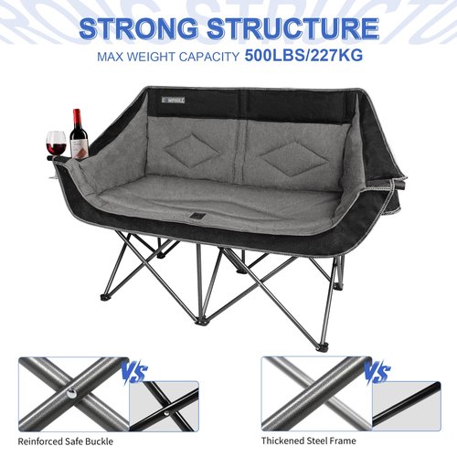Oversized Double Camping Chair-Heavy Duty 2 Person Folding Loveseat Camp Couch for Adults,Portable Outdoor Lawn Chairs with Padded Seat for Fishing,Sports and Patio,Supports 500 LBS,Black