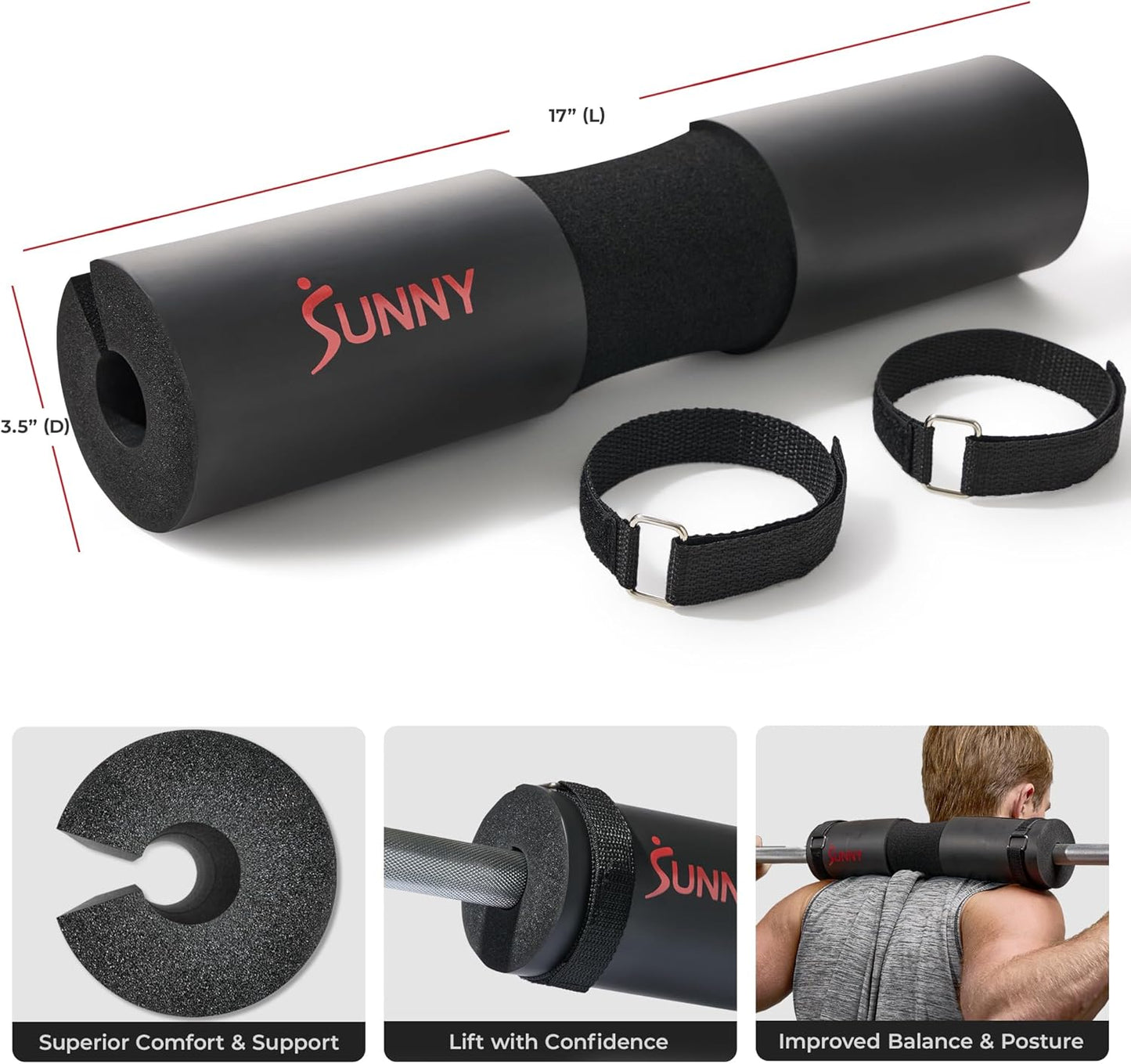 Sunny Health & Fitness 60-Inch Chrome Barbell Bar or High-Density Foam Barbell Pad – Strength Training Gear for Squats, Deadlifts, Hip Thrusts, Bench Press, Lunges & Full-Body Home Gym Workouts
