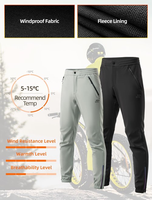 ROCKBROS Winter Cycling Pants for Men Cold Weather Bike Pants Drawstring Sports Jogger Pants for Mens Black