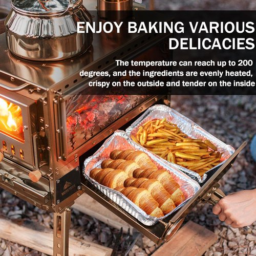 WomeYork Multi-Fuel Camp Stove with Baking Oven & Steel Chimney Pipe – Portable Tent Stove for Outdoor Shelter Heating, Cooking, and Wilderness Survival(Golden)