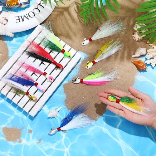 Motionchic 10 Pieces Bucktail Jigs Hair Jig Saltwater and Freshwater Bait Surf Striper Fishing Lure Head Swimbait Jig Hook for Pompano Halibut Mackerel Bass Flounder(1 oz)