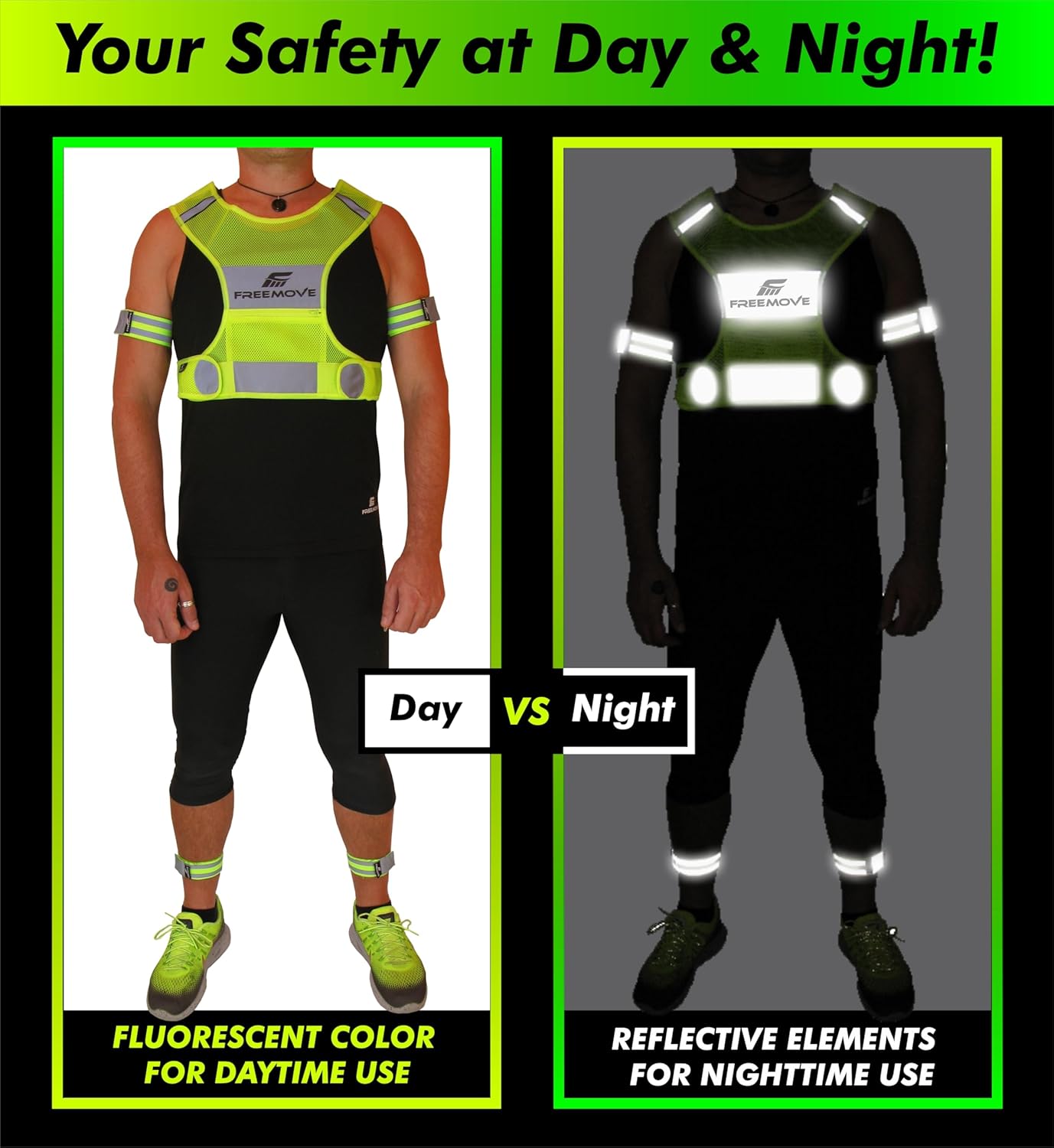 FREEMOVE Reflective Vest - Running Gear + 2 Bands & Bag/Ultralight & Comfy Safety Vests for Running, Walking, Cycling