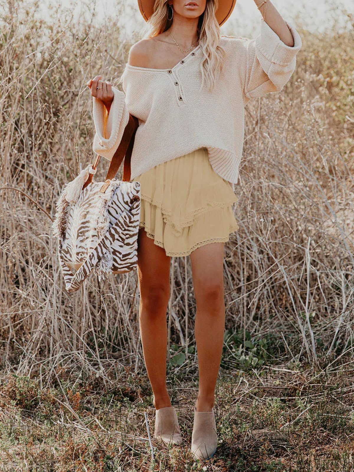 Aoudery Flowy Shorts for Women Casual Boho Ruffle Tiered Skorts High Waist Mini Skirts Golf Tennis Butterfly Crochet Shorts - Light Khaki XS