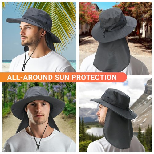 NPQQUAN Sun Hats for Men Women with Neck Flap UPF 50+ UV Protection Wide Brim Bucket Hat Safari Hiking Fishing Hats Darkgray（Neck Flap）