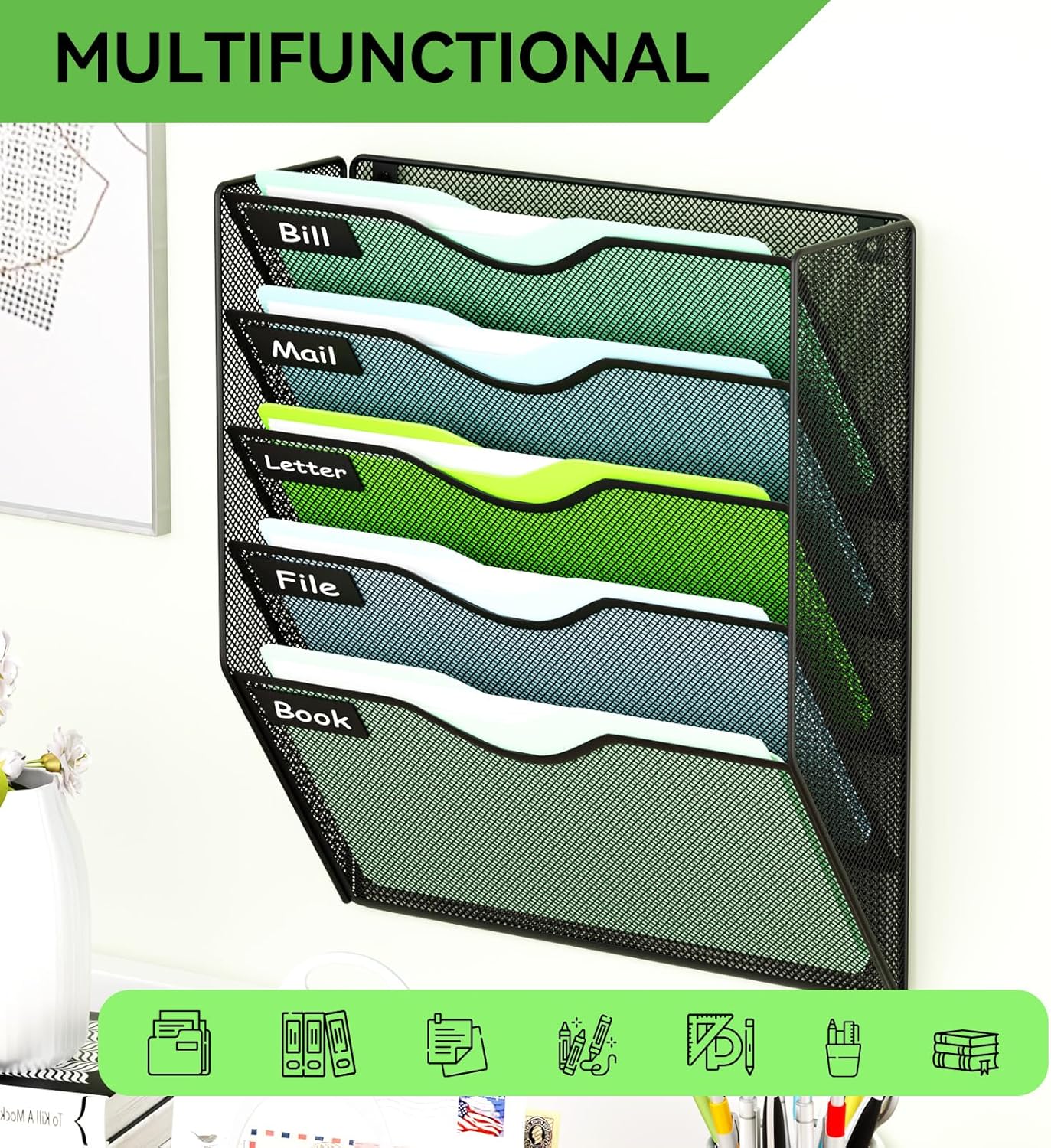 5 Pockets Mesh Hanging Wall File Holder Organizer Wall Mounted Paper Magazine Rack, Black