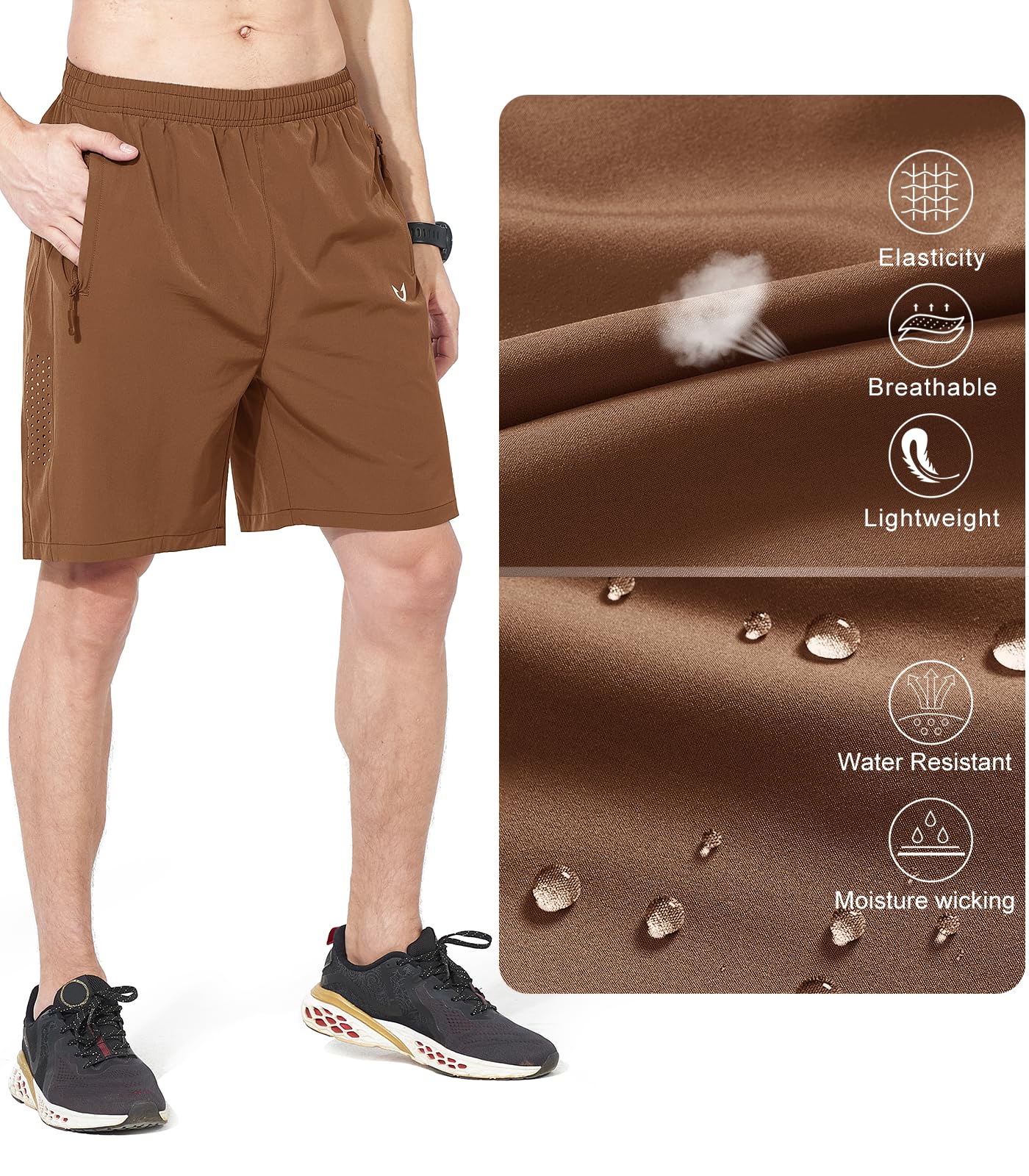 NORTHYARD Men's Athletic Running Shorts Gym Workout 7"/9"/5" Quick Dry Lightweight Sports Basketball Tennis 3 Zipper Pockets Brown 4XL