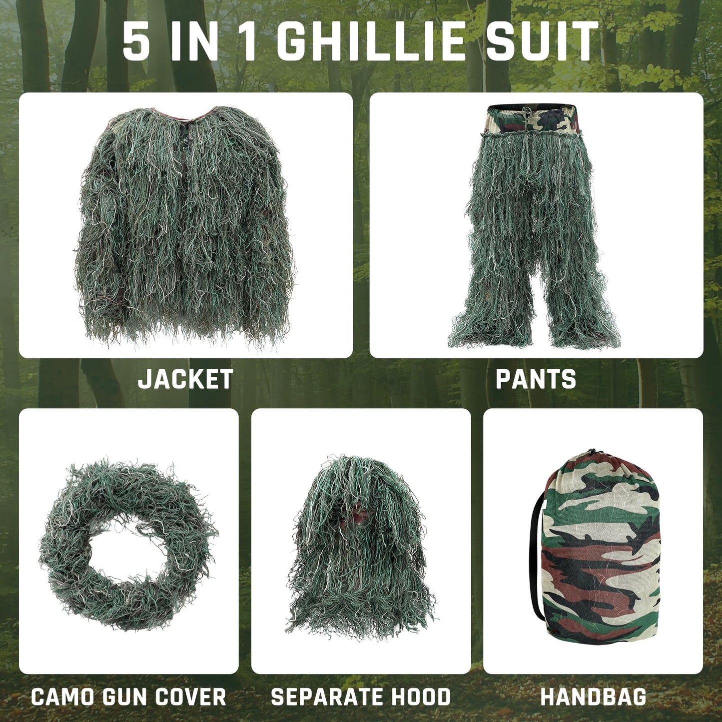 afzdby 5 in 1 Ghillie Suit,3D Camouflage Hunting Apparel Including Jacket,Pants, Hood, Carry Bag Suitable for Unisex Kids men