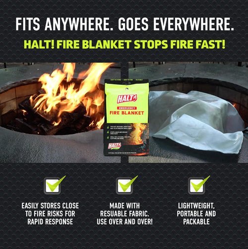 HALT! Emergency Fire Blanket - Rapid Fire Suppression for Home, Kitchen, Car & Camping |Lightweight, No Mess, Safe Reusable & Never Expires (Single Pack)
