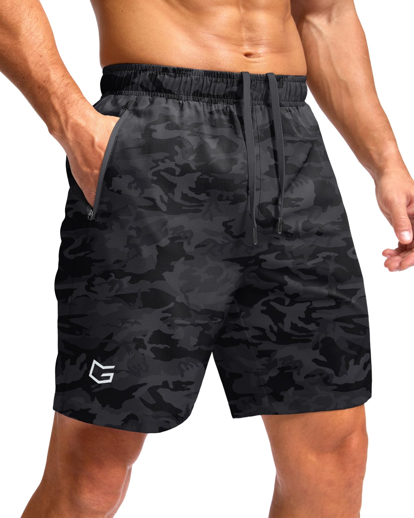 G Gradual Men's Athletic Running Shorts with Zipper Pockets Quick Dry 7"/ 5"/ 9" Workout Gym Shorts for Basketball Hiking(Grey Camo,7M)