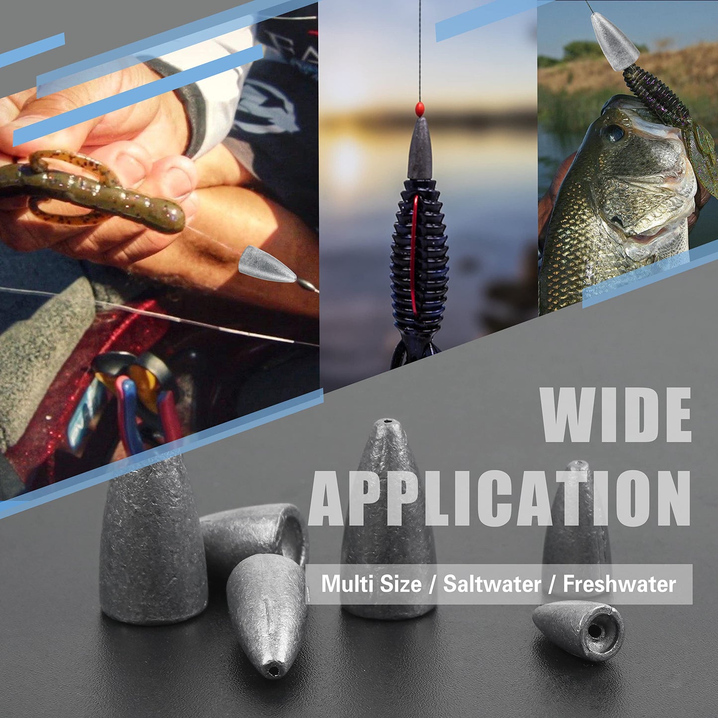 JOGFFDE 50pcs Bullet Fishing Weights Sinker Kit Worm Weights Slip Fishing Sinkers Sliding Weights for Bass Fishing Texas Rigs Freshwater Saltwater Fishing Tackle, Assorted, Unpainted