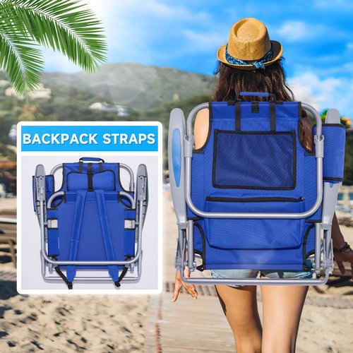 Canpsky Portable Beach Chair for Adults, Outdoor Camping Chair Lay Flat Folding Backpack Beach Reclining Chair with 5 Positions, Headrest, Zipper Pouch, Cup Holder, Blue