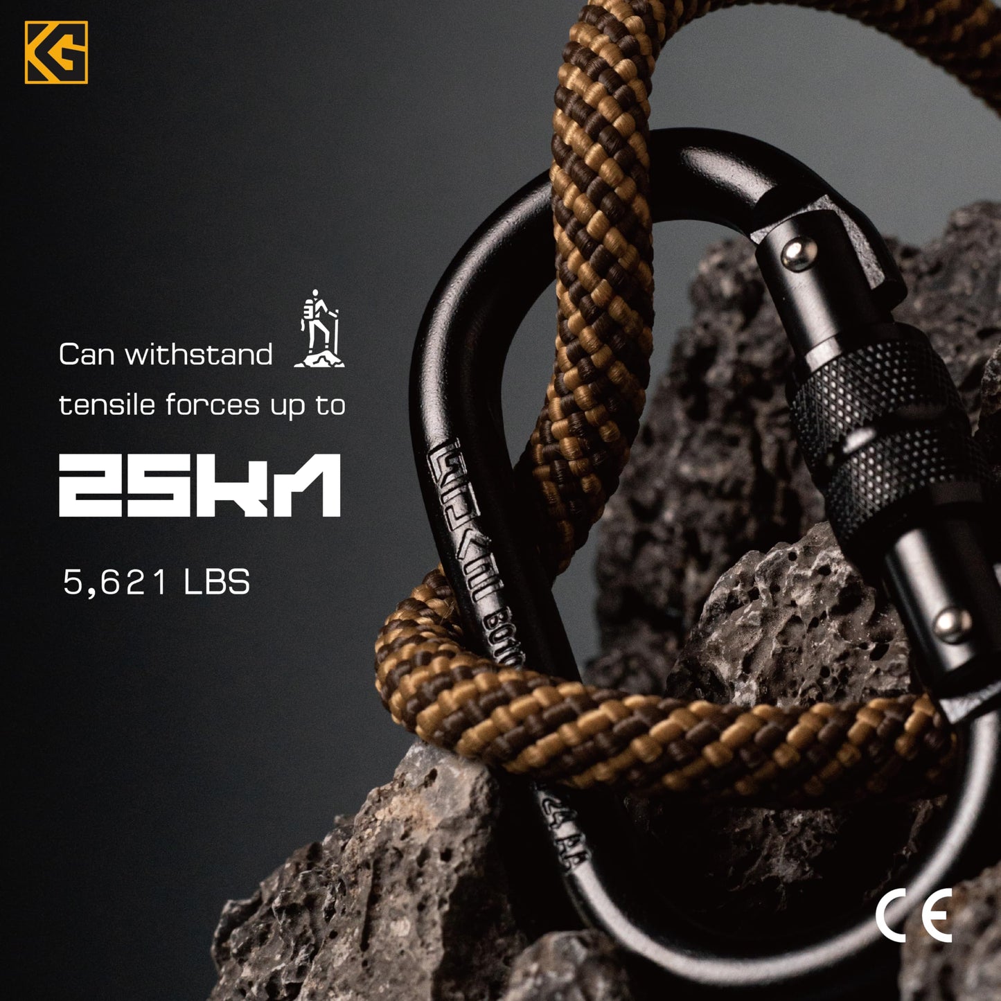 GDK2 Defender CE Certified 25kN Screwgate Locking Carabiner in Size 4.21 x 2.24 inch, Heavy-Duty Carabiners for Climbing, Rappelling, and Mountaineering, Carbon Steel, Midnight Black, 1 Pack