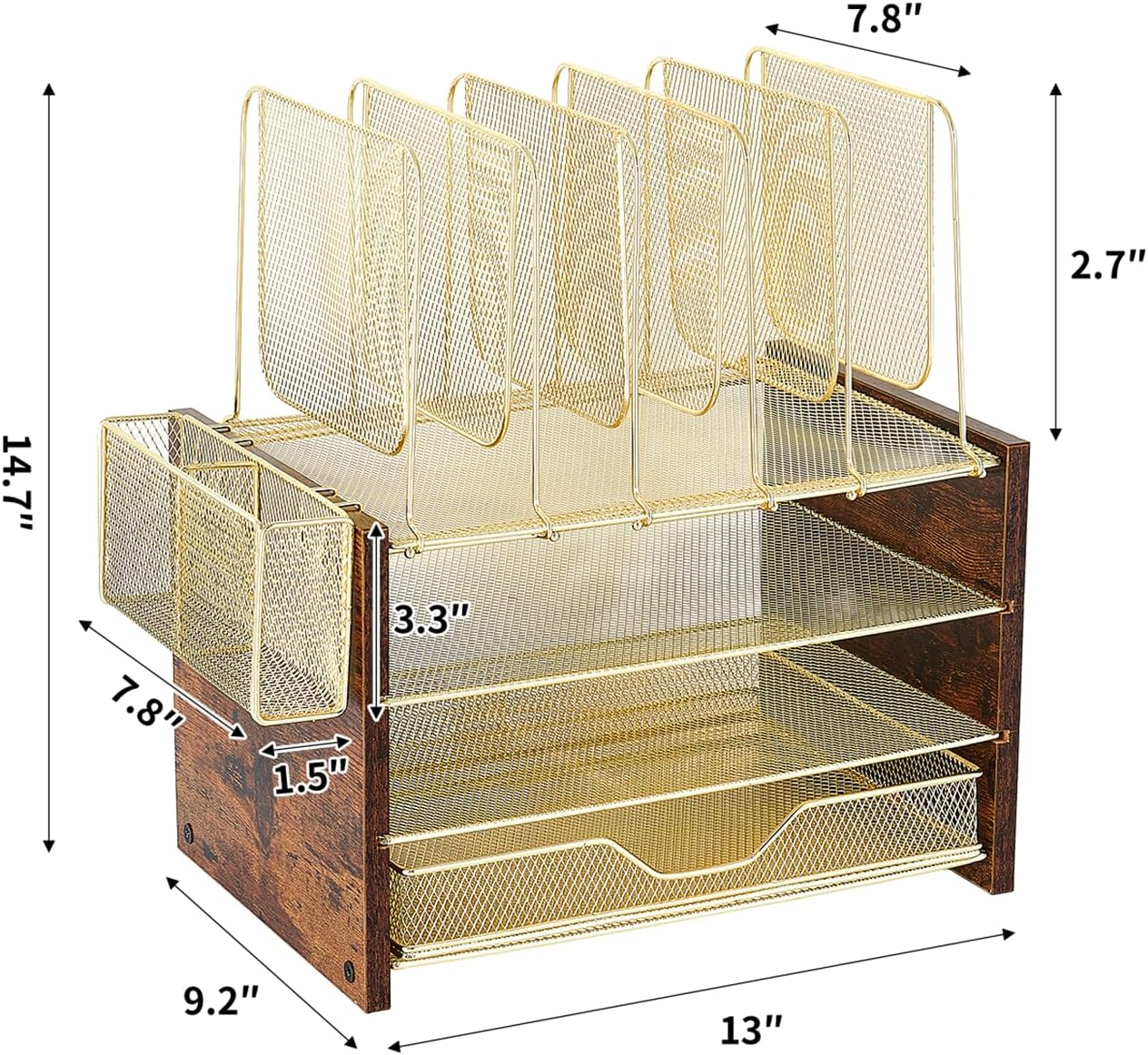 Wood Desk Organizers and Accessories, 4-Tier Workspace Desktop Paper Organizer with Drawer, 5 Vertical File Holders and Pen Holder for Office Supplies
