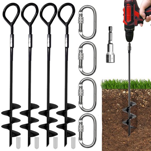 Sage Max Ground Anchors - 4X Heavy Duty Screw in Earth Stakes with 4 Hook Clips, 1 Drill Bit Piece - Fully Welded Trampoline Stakes with Wider Spiral - Shed Anchor Kit for Tent, Swings, and More