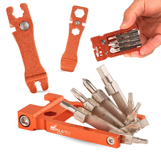 IMPALAPRO Bike Tool Kit Portable 20 in 1 Compact and Lightweight (117.5g) Chrome-Vanadium (CRV) - Bike Multitool with Chain Breaker - MTB Multitool - Bike Repair Tools (Orange)