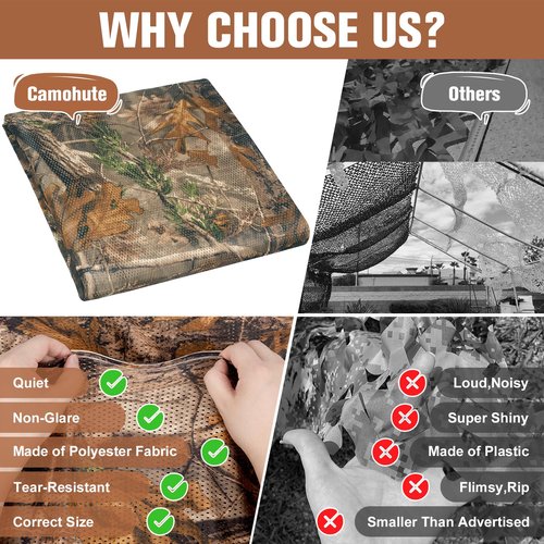 Camohute Camo Netting, Camouflage Netting, Quiet Mesh Sunshade, Fence Canopy Nets, See Through, Lightweight, Great for Concealment, Hunting, Shooting, Tree Stand, Car Cover, Photography, Decoration