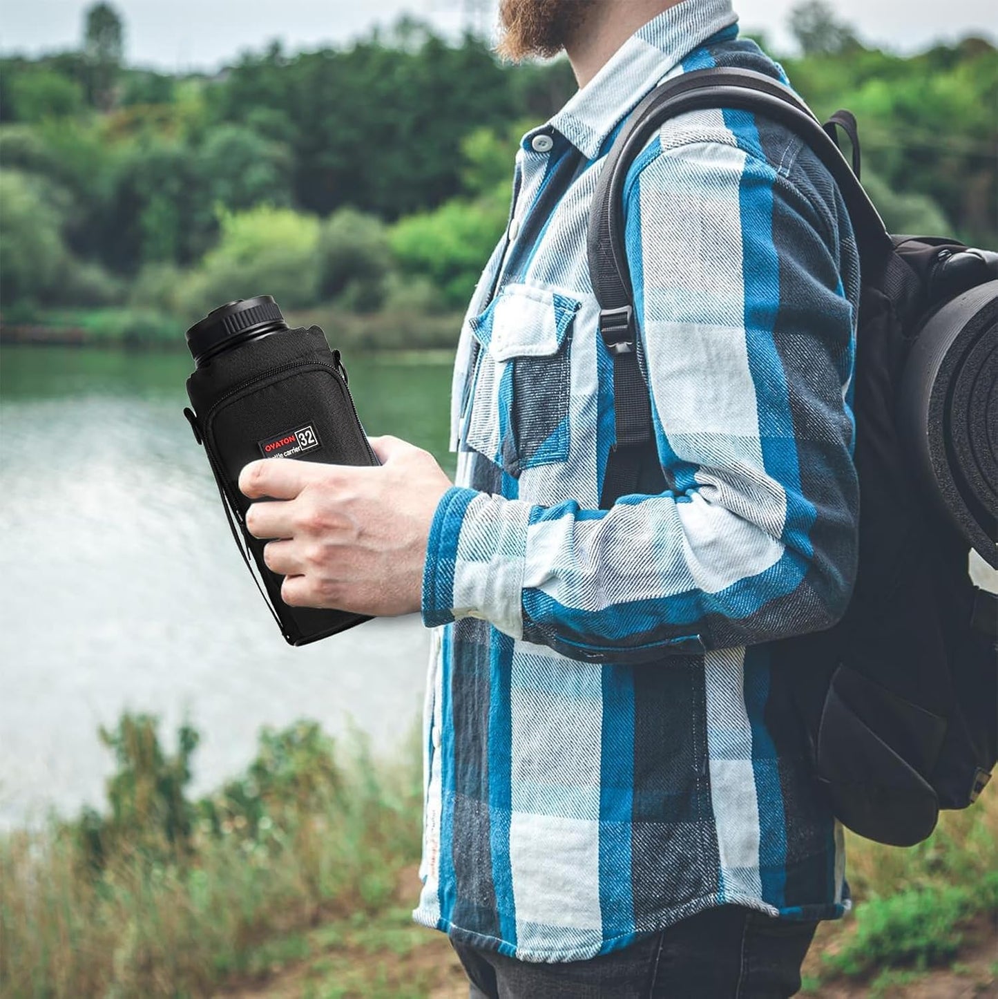 32 oz - 64 oz Black Neoprene Bottle Holder with Strap and Pocket for Walking, Travel and Hiking