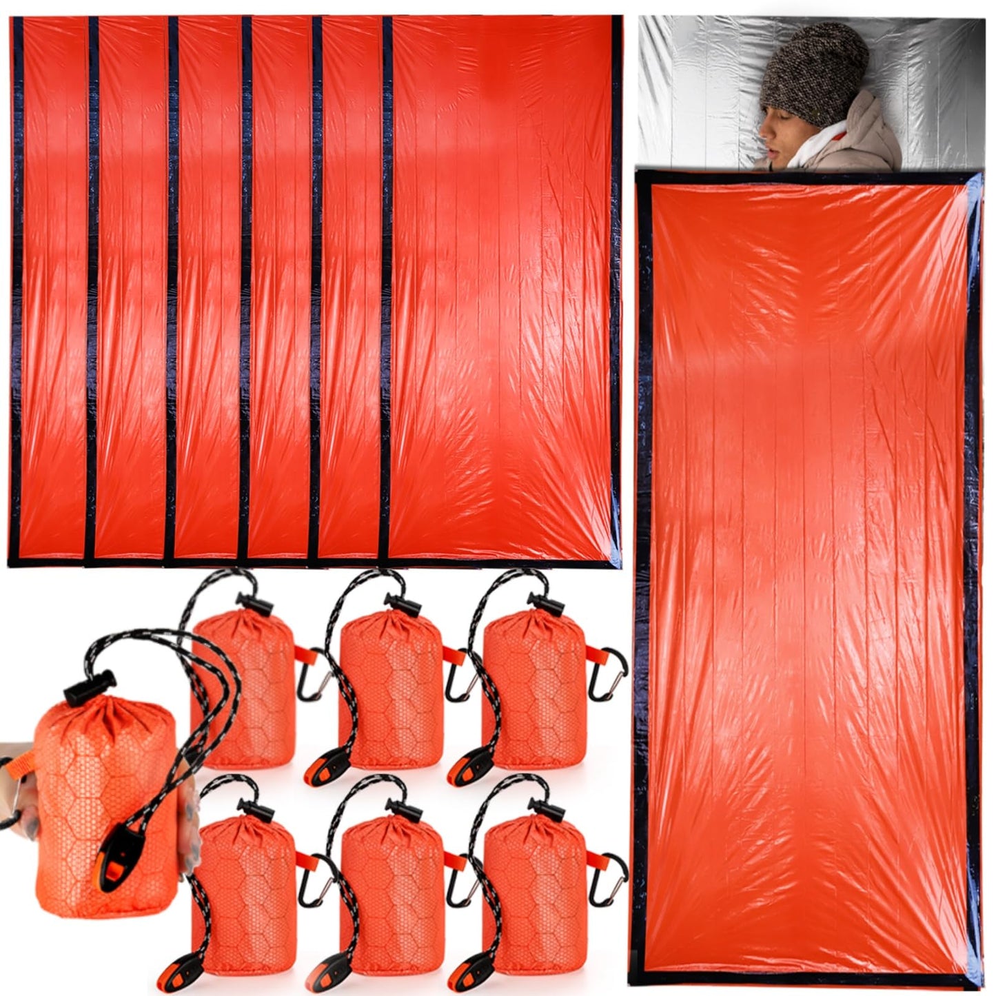 Noamus 6 Pack Emergency Survival Sleeping Bags, Thermal Bivy Sack Blanket, Lightweight Portable Nylon Sack with Whistle, Aluminized PE Survival Gear Supplies for Camping Hiking, Outdoor Adventure