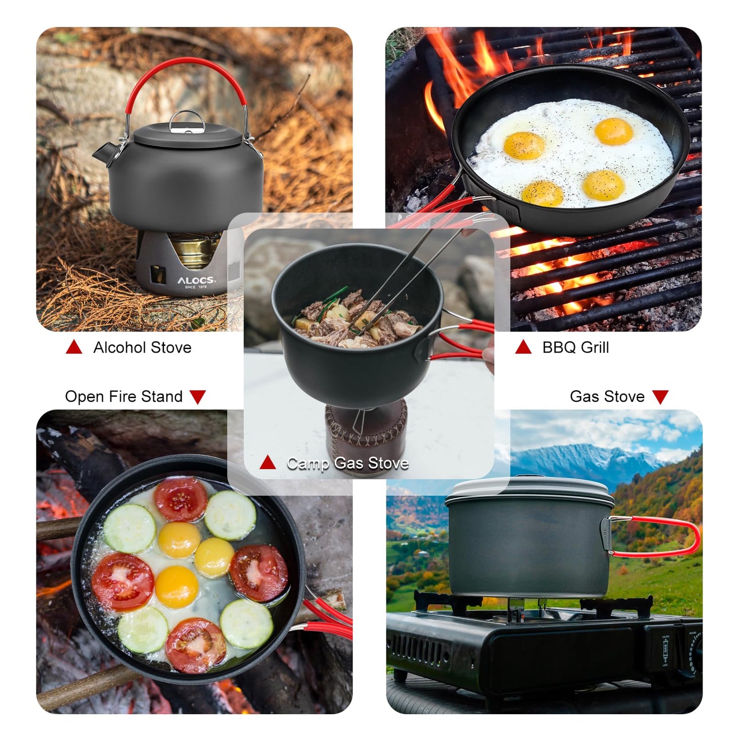 Alocs Camping Cookware Set Gear, Compact Camping Pots and Pans Set, Durable Hard Alumina Cooking Set for Outdoor Backpacking Hiking Picnic, Included Mesh Carry Bag.
