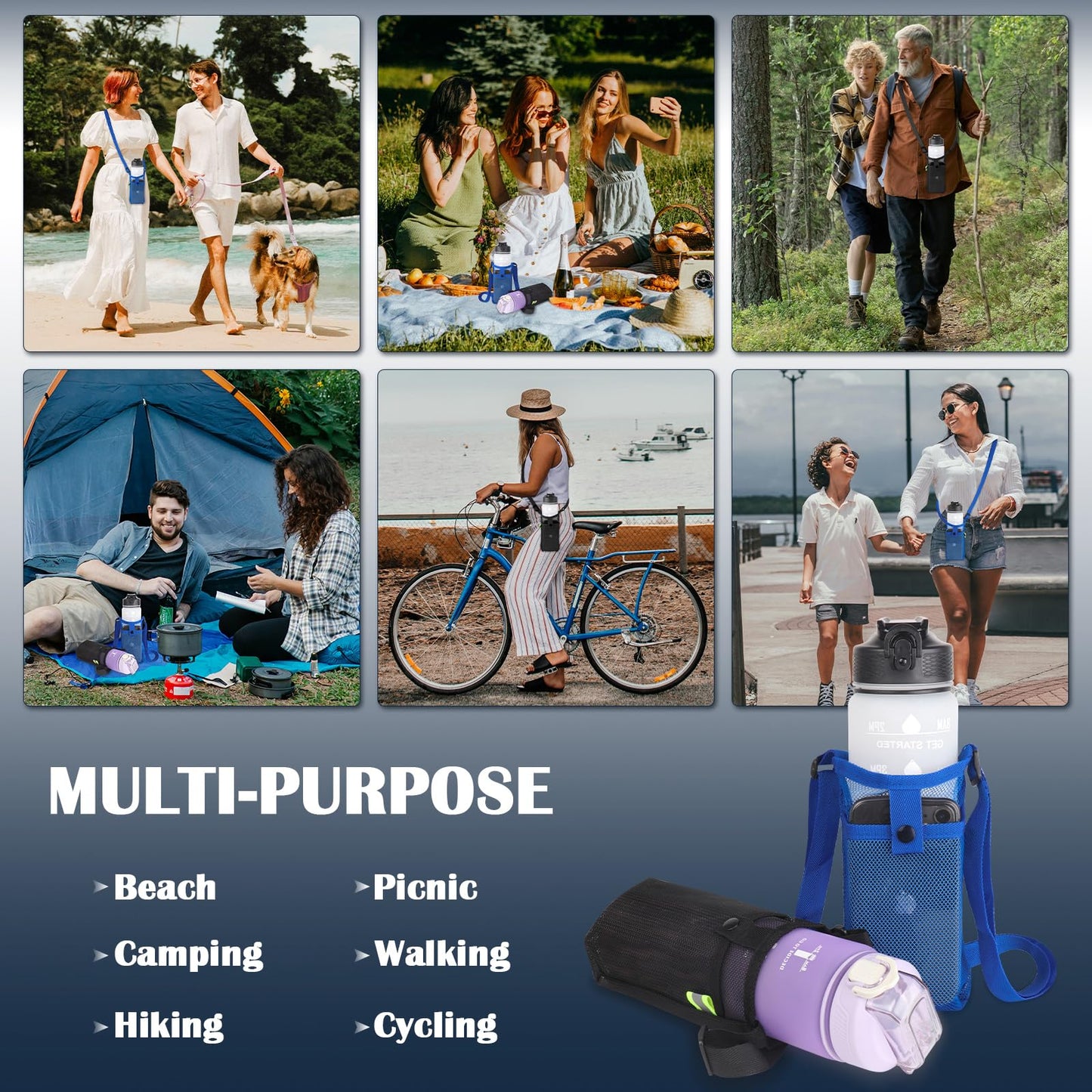 GAOHUI 2 Packs Bottle Holder With Strap, Mesh Sling With Adjustable Shoulder Strap, Portable Bag With Pocket, Water Bottle Carrier for Walking, Hiking, Travelling