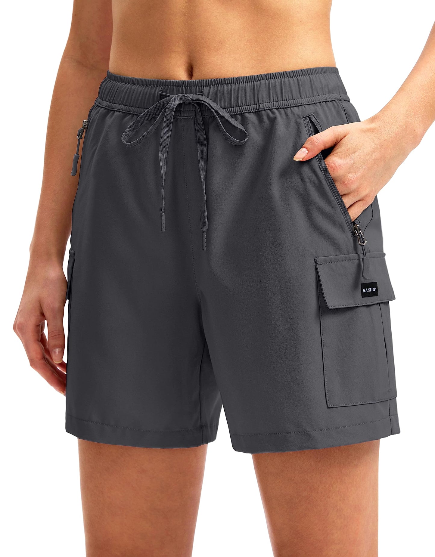 SANTINY Women's 5''/ 7''/9'' Hiking Cargo Shorts Quick Dry Lightweight Summer Shorts for Women Athletic Golf Zipper Pockets(Dark Grey_XS)