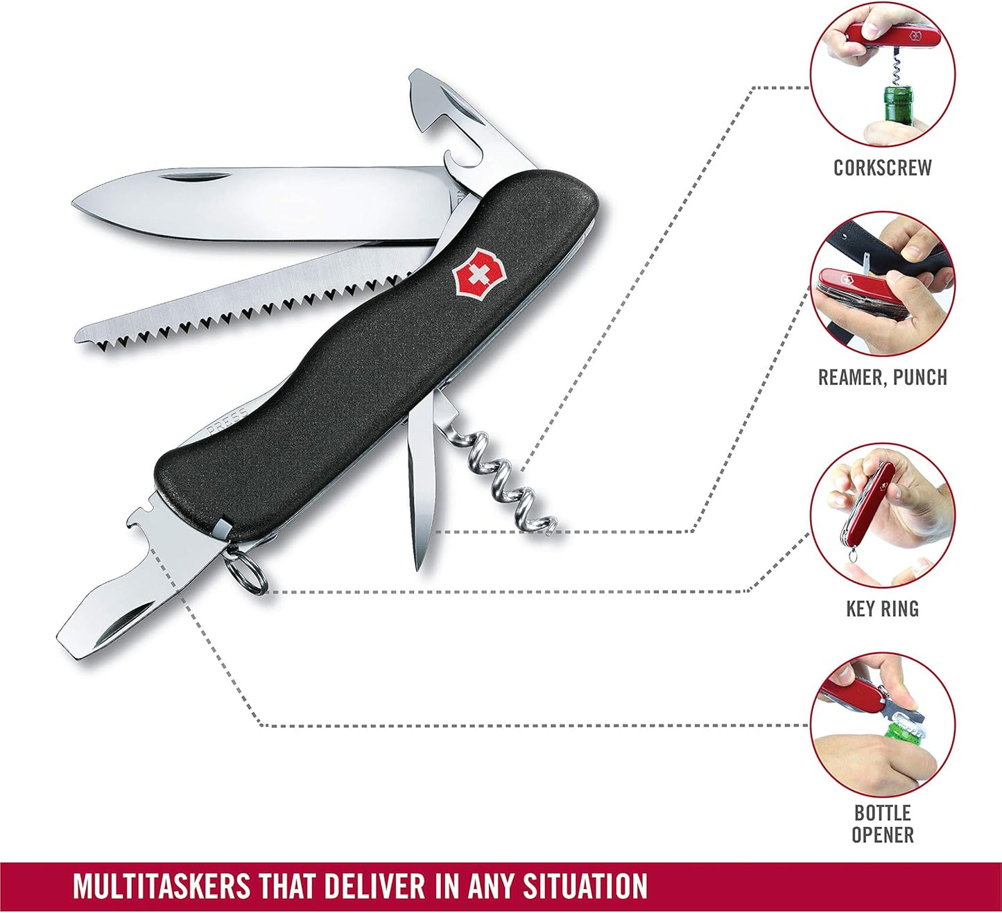 Victorinox Forester Swiss Army Knife, 12 Function Swiss Made Pocket Knife with Large Blade, Wood Saw and Reamer/Punch - Black