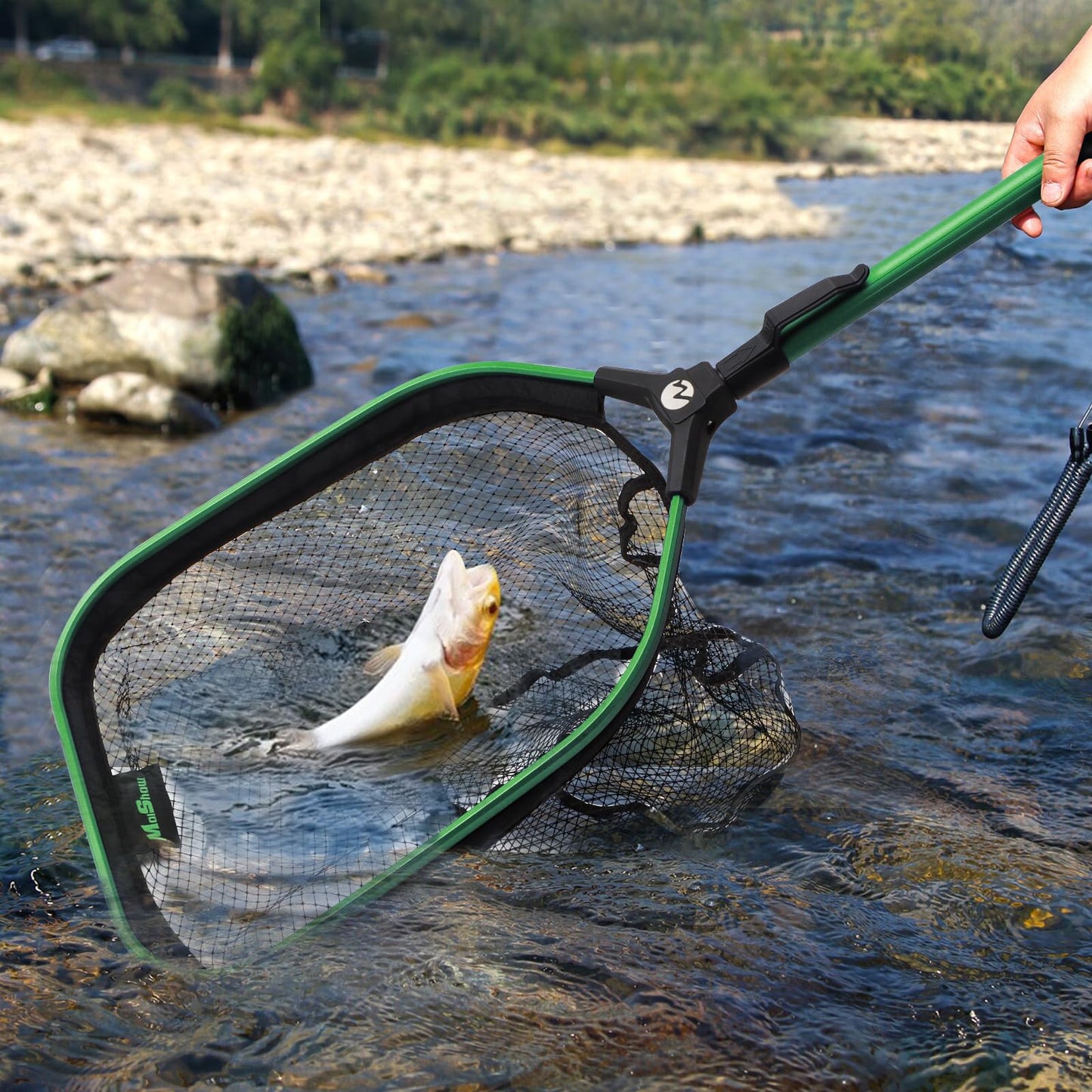 MoiShow Floating Fishing Net Fish Landing Net, Fishing Nets for Fish, Kayak Fishing Net with Third-gen Upgrade Locking Switch - Lightweight Rubber Coated Fish Net for Easy Catch & Release