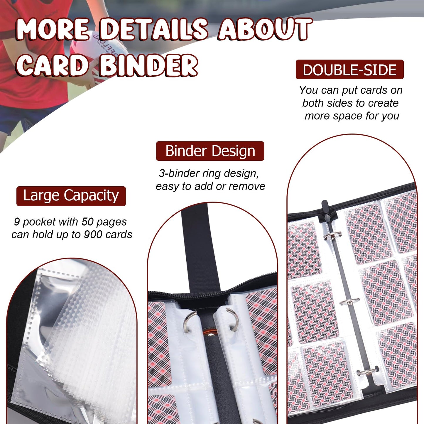 Football Card Binder 900 Pocket, HYMENEX Trading Card Binder 9 Pockets with 50 Removable Sleeves Baseball Card Binder Sports Card Binder with Zipper for Football Card Trading Card Standard Size Card